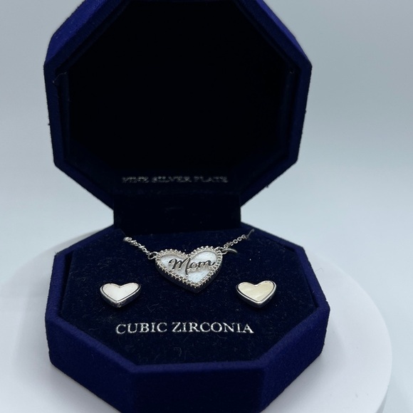 Cubic Zirconia Heart Pendant Necklace & Mother-of-Pearl Earrings in Silver-Tone - Picture 4 of 6